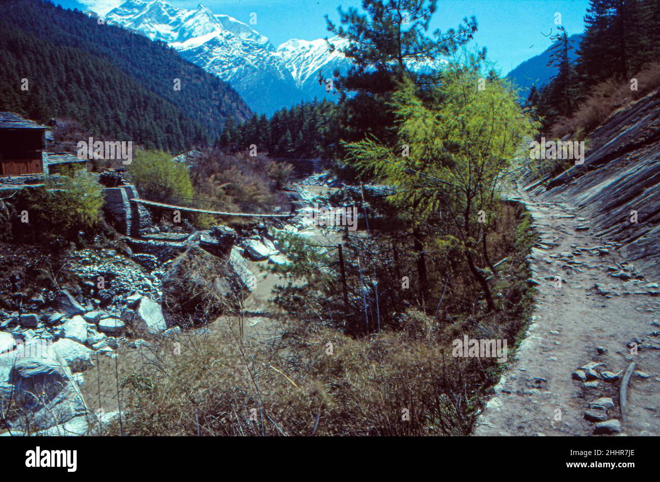 Hanging bridge and trail in Nepal in the Himalayas mountains Annapurna Circuit Trek Stock Photo