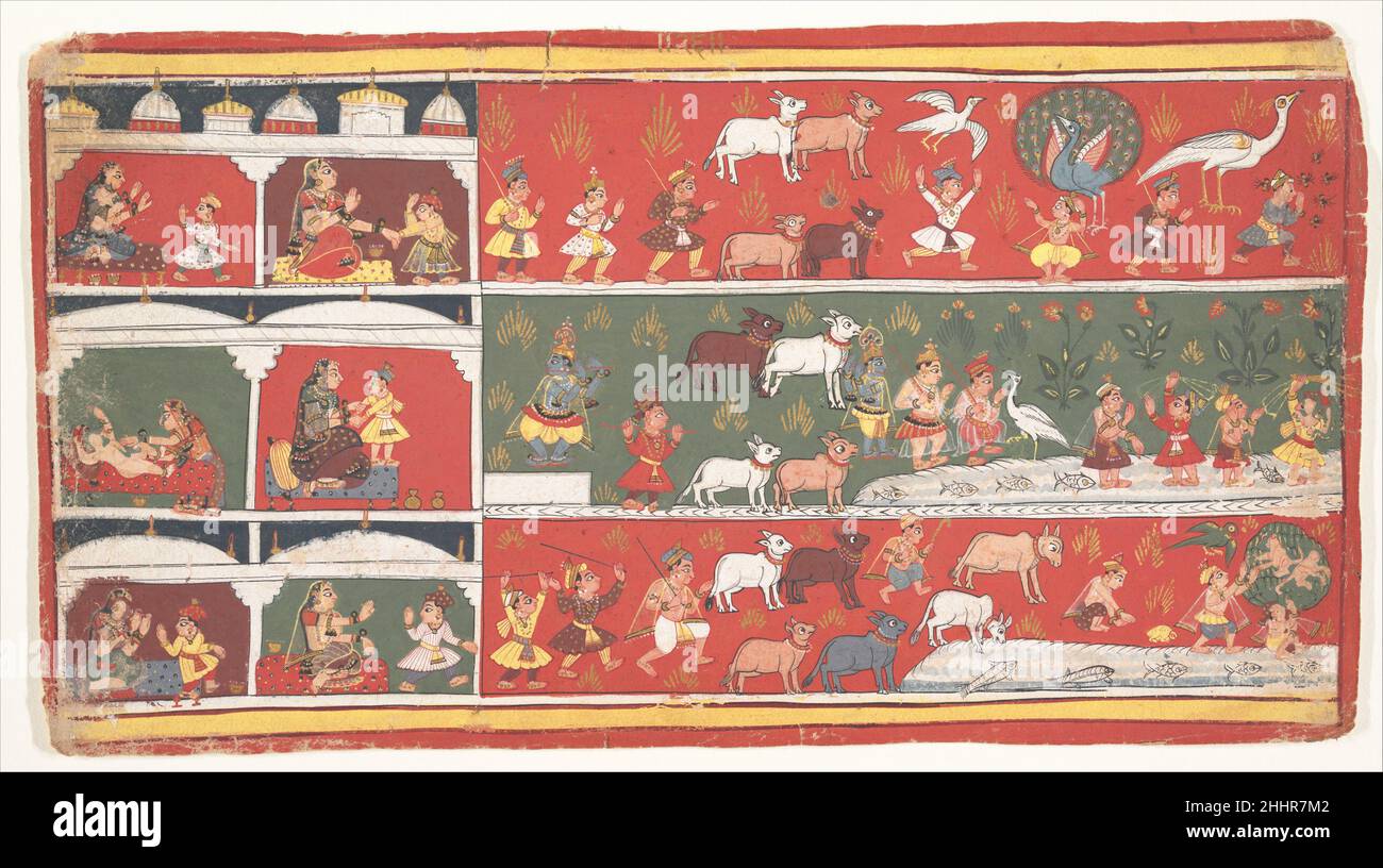 Bakasura, the Crane Demon, Arrives in Brindavan: Page from a Dispersed Bhagavata Purana (Ancient Stories of Lord Vishnu) ca. 1700 India (Madhya Pradesh, Malwa) The gopas (cowherds) of Brindavan, peacefully herding their cows by a pond, are suddenly disrupted by Bakasura, one of the demons sent by Kamsa to kill Krishna.. Bakasura, the Crane Demon, Arrives in Brindavan: Page from a Dispersed Bhagavata Purana (Ancient Stories of Lord Vishnu)  37931 Stock Photo