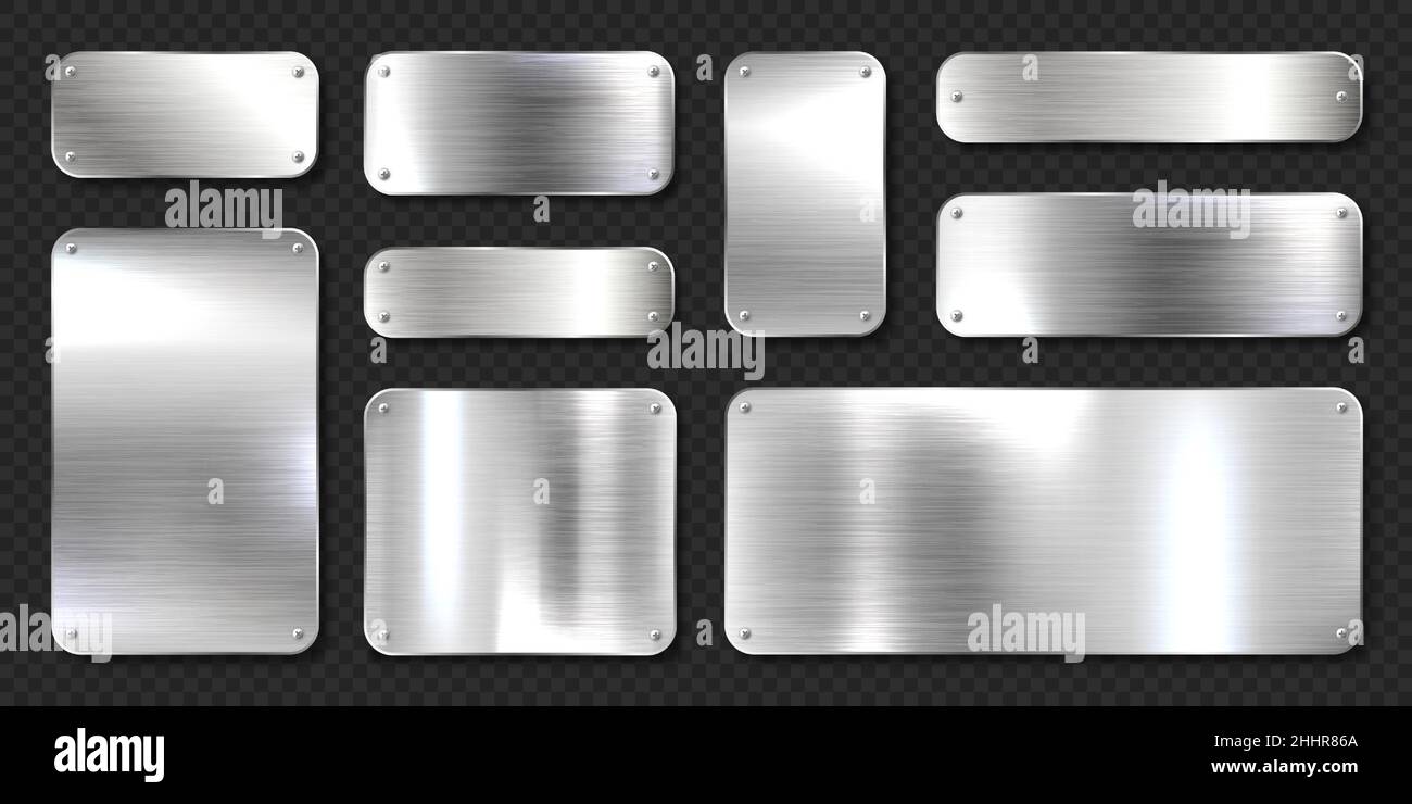 Realistic shiny metal banners set. Brushed steel plate with screws ...