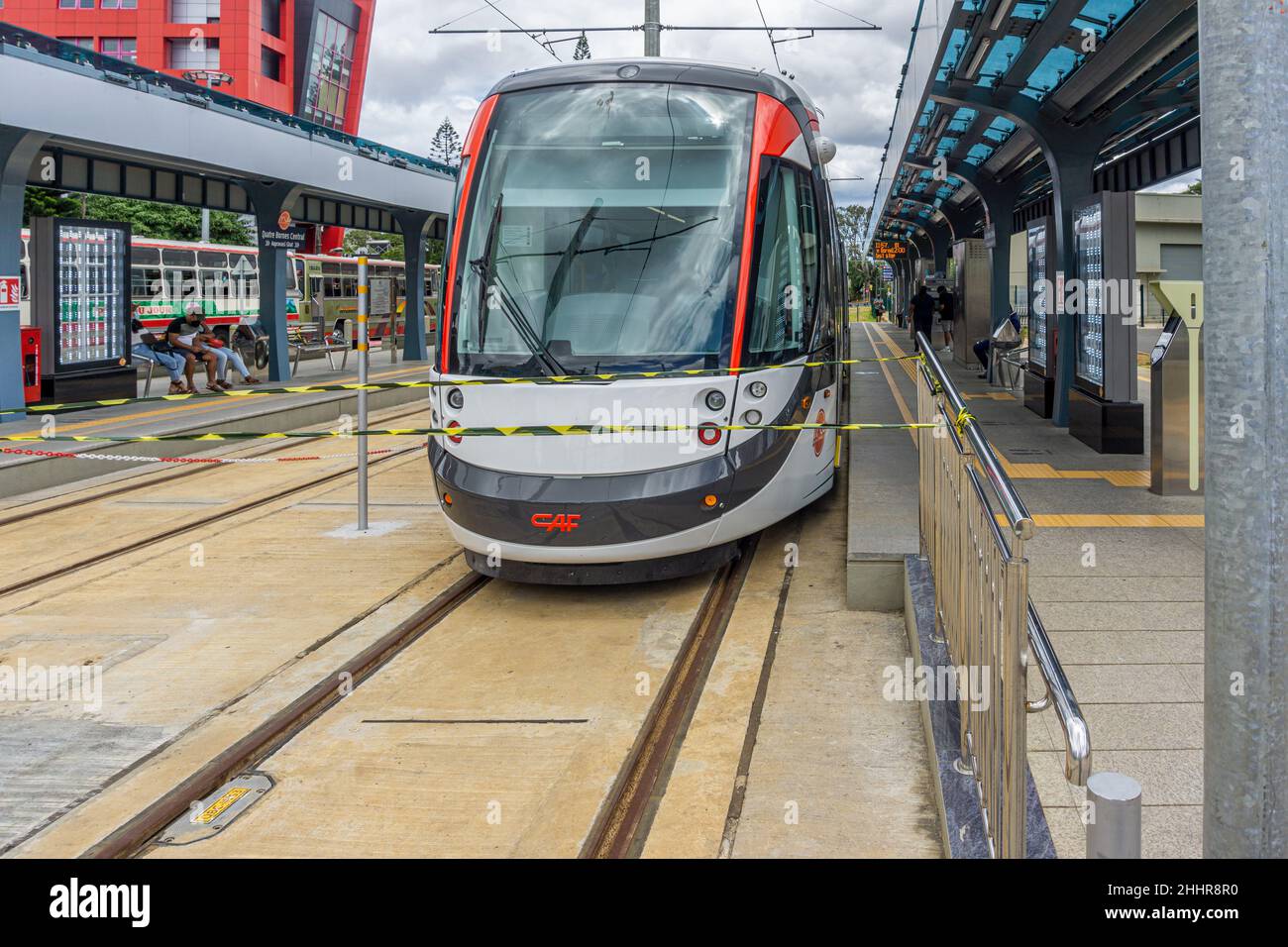 Mauritius, December 2021 - New rail platform and modern light rail train. Mauritius just had its light rail system about over one year ago. Stock Photo