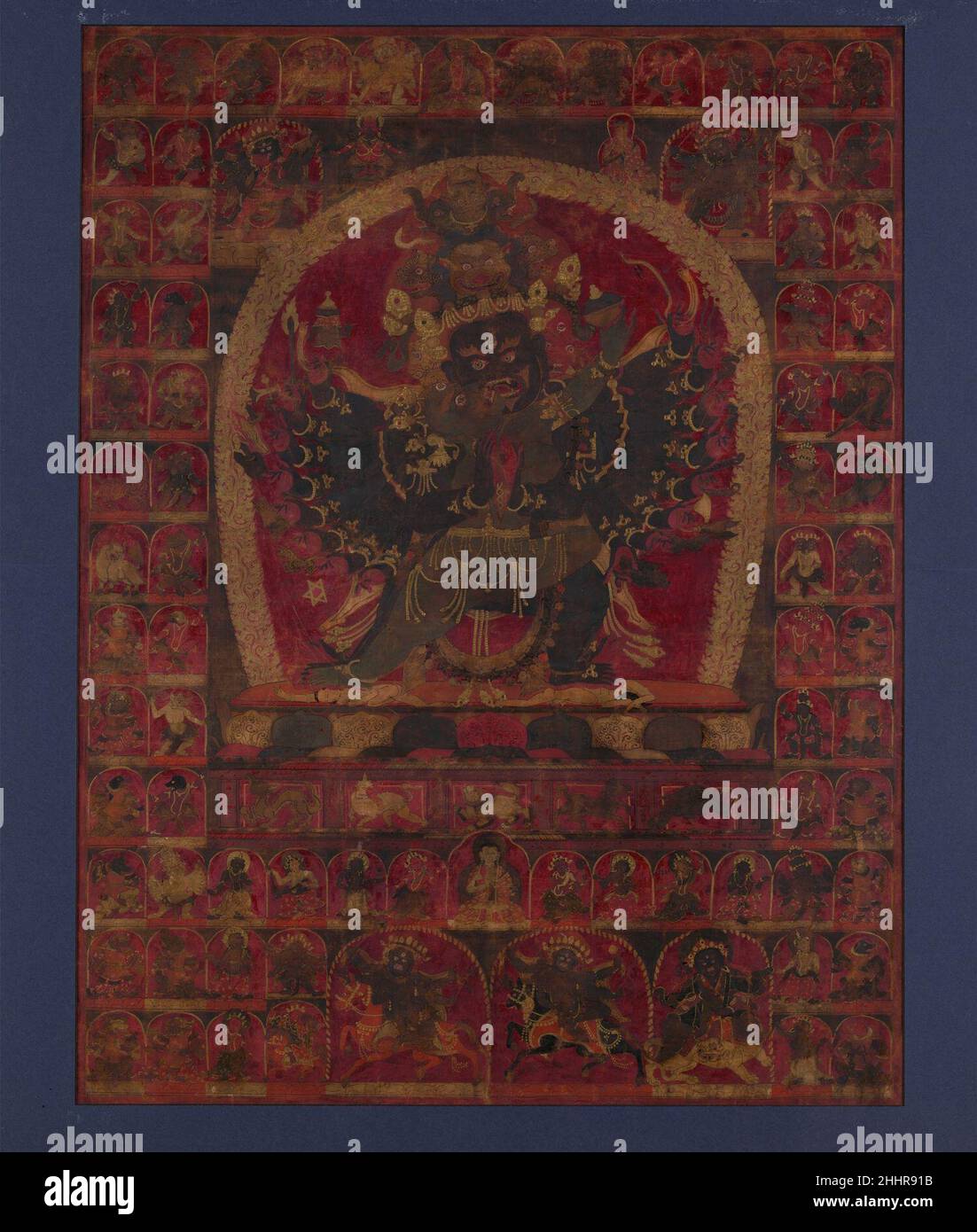 The Wrathful Bon Deity Walse Ngampa, One of the Five Fortress Meditational Deities early 15th century Tibet. The Wrathful Bon Deity Walse Ngampa, One of the Five Fortress Meditational Deities. Tibet. early 15th century. Ink, gold and opaque watercolor on cloth. Paintings Stock Photo