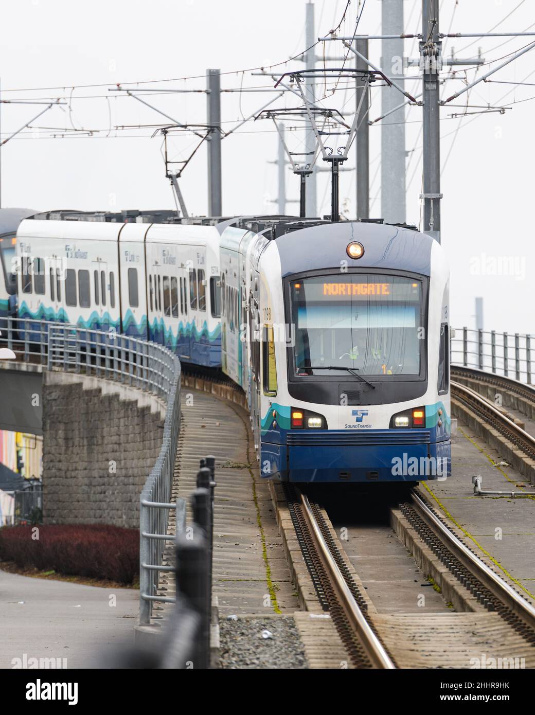 Seattle - January 23, 2022; A Sound Transit Link Light Rail train on curve  approaching with service to Northgate in Seattle Stock Photo - Alamy