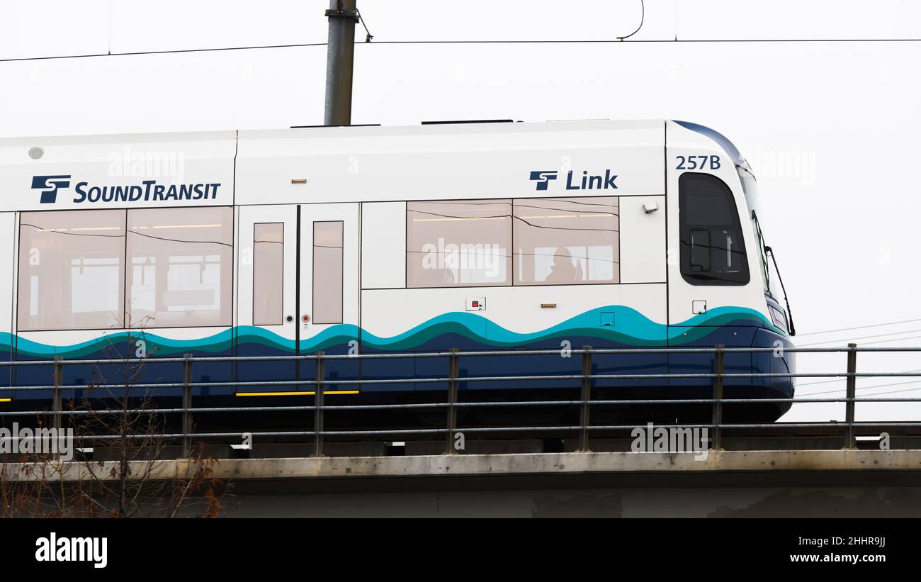 Seattle - January 23, 2022; A Sound Transit Link Light Rail train on a piece of elevated track in Seattle Stock Photo