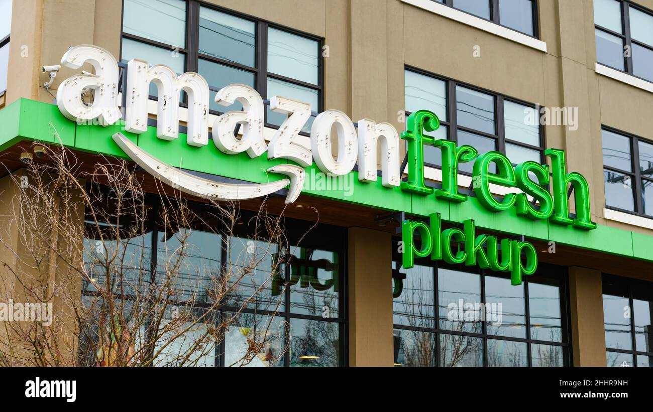 Seattle January 23, 2022; Sign for the Amazon Fresh Pickup location