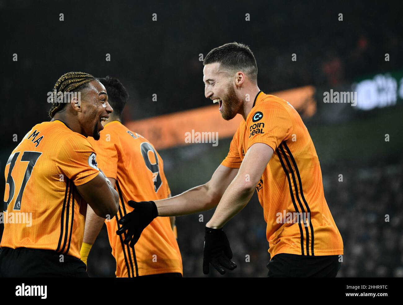 Wolves footballer Matt Doherty celebrates his winning goal with Adama ...