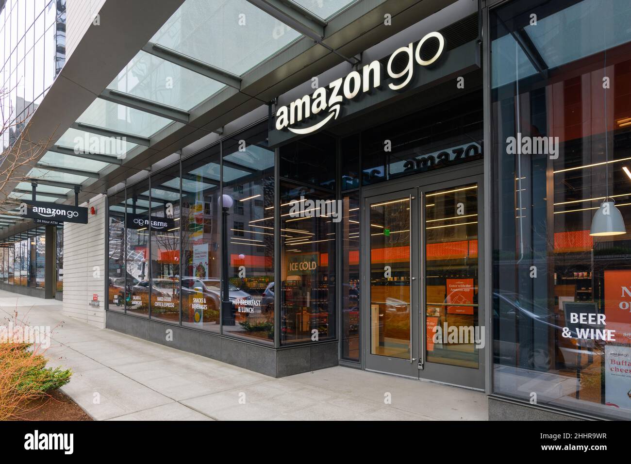 Seattle - January 23, 2022; Amazon Go location on 5th Avenue in downtown Seattle.  A notice states that the store sells beer and wine Stock Photo