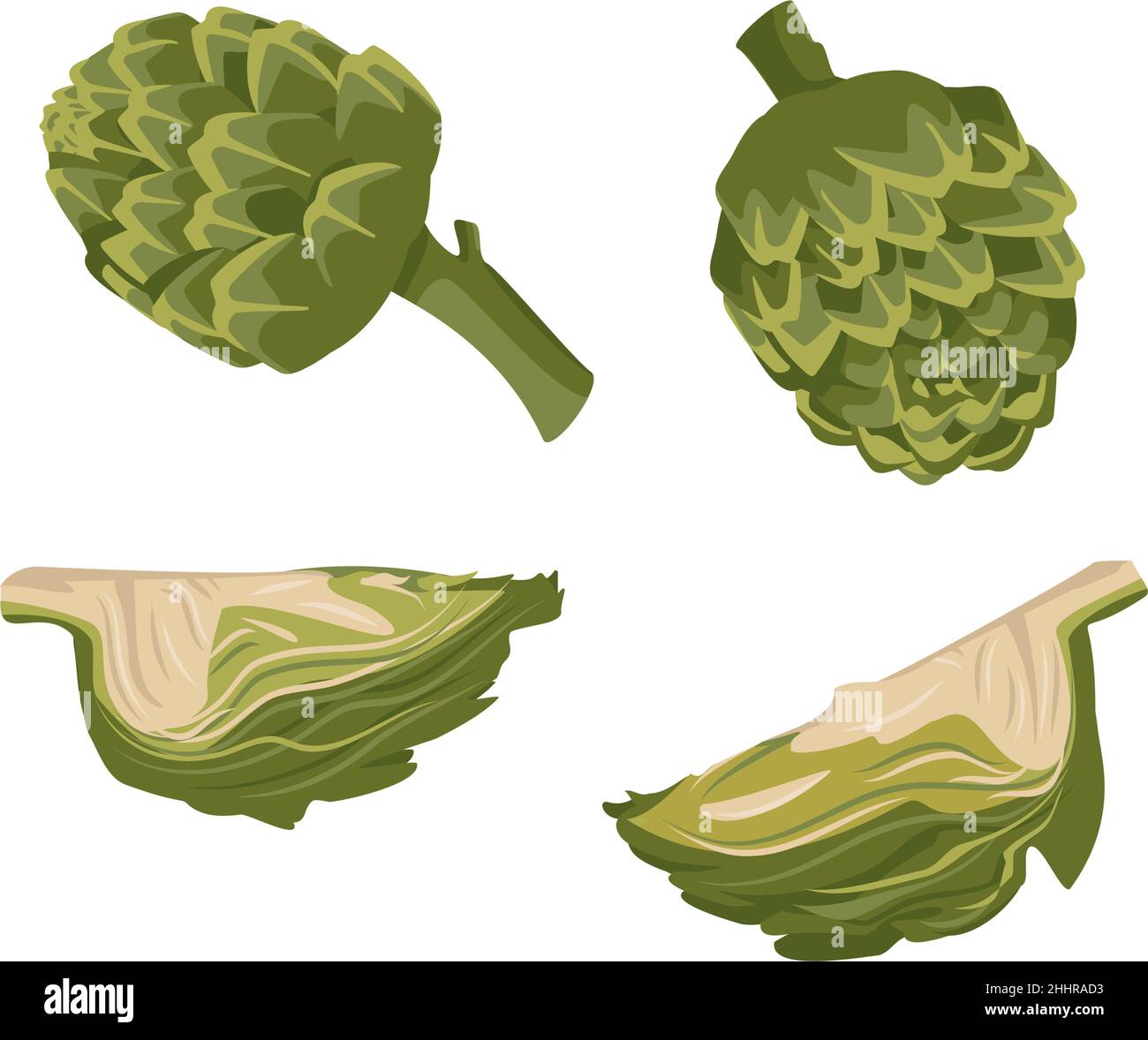 Set of green artichoke icons. Whole and part healthy vegetables and leaves, harvesting. Delicious food for salad and cooking. Vector flat illustration Stock Vector