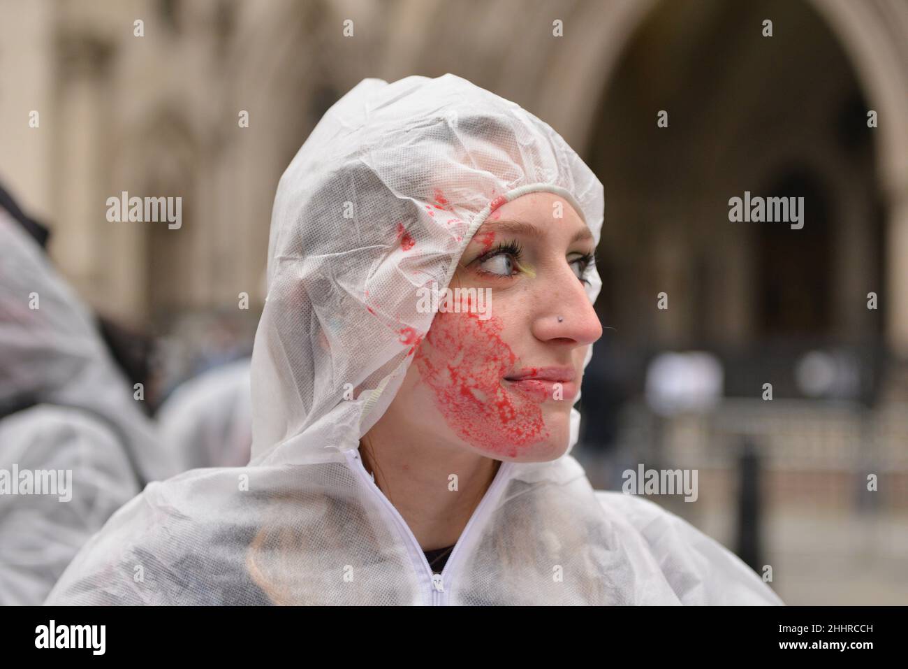 Animal rights activists wearing hazmat suits and splashed with fake blood gathered outside the Royal Courts of Justice in protest against factory farming. The Scrap Factory Farming group launched its legal challenge against DEFRA for failing to take sufficient preventive measures against the known pandemic risks of factory farming. Stock Photo