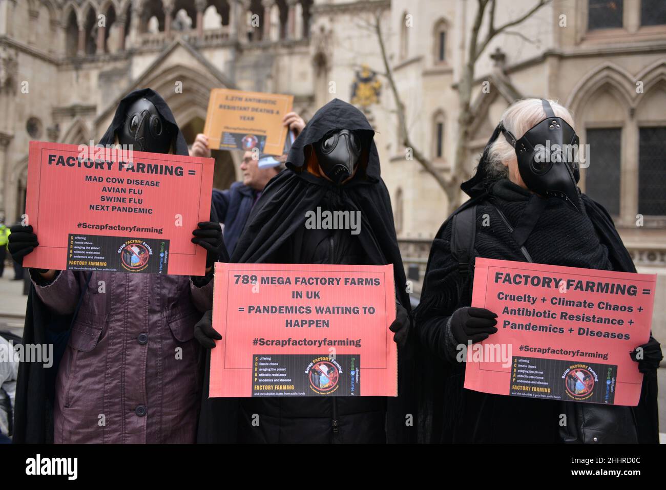 Animal rights activists wearing hazmat suits and splashed with fake blood gathered outside the Royal Courts of Justice in protest against factory farming. The Scrap Factory Farming group launched its legal challenge against DEFRA for failing to take sufficient preventive measures against the known pandemic risks of factory farming. Stock Photo