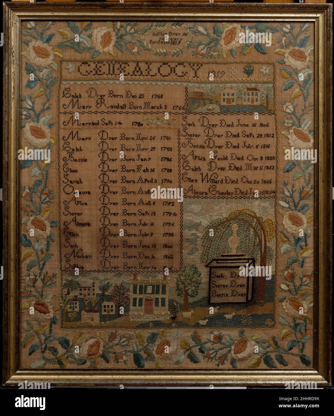 Embroidered Sampler 1819 Sophia Dyer Portland, Maine schoolgirls produced a distinctive group of genealogical samplers. Following a prescribed format, these samplers list the birth and marriage dates of the parents; and the name and birth date of each of their children. Also characteristic are townscapes with white clapboard Federal houses and elegant borders of roses, rosebuds and leafy vines.. Embroidered Sampler. American. 1819. Silk on linen. Made in Portland, Maine, United States Stock Photo