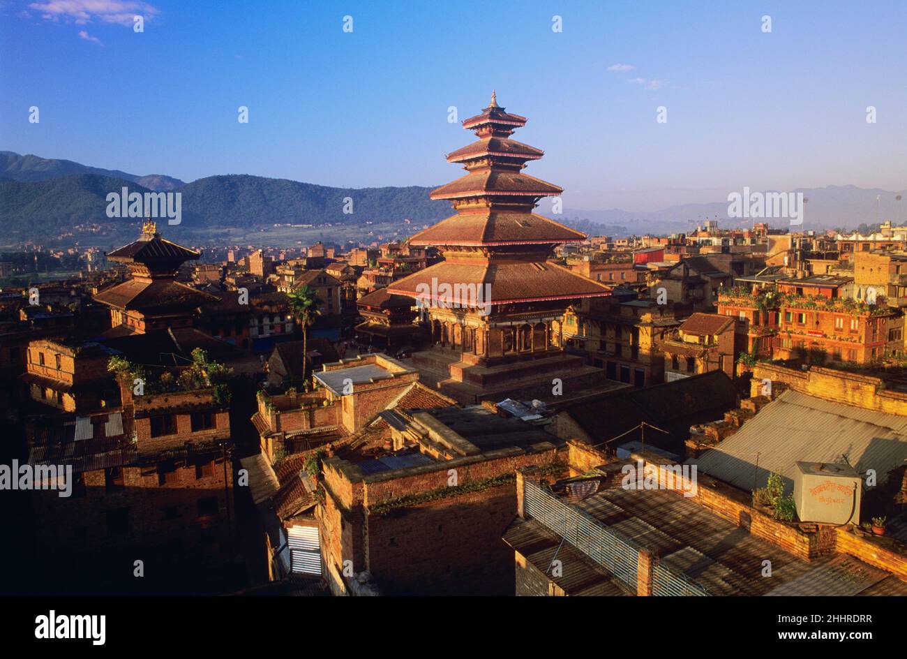 Elevated View of Taumadhi Square and the Nyatapola Hindu Temple, Bhaktapur, Nepal Stock Photo