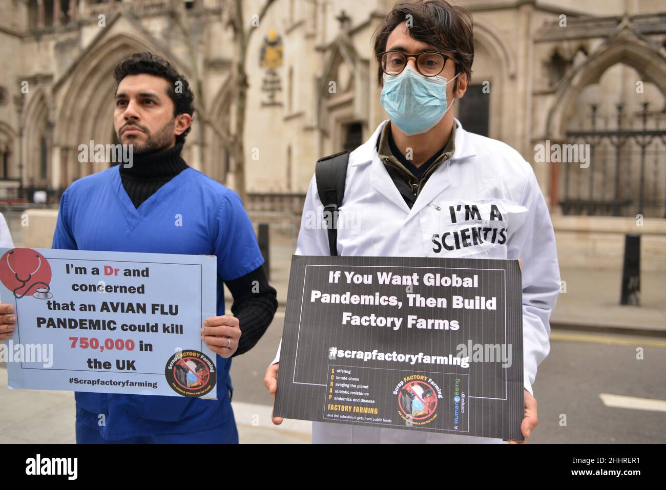 Activists hold placards warning of the dangers of antibiotic resistance, avian flu and swine flu pandemics, during the protest.Animal rights activists gathered outside the Royal Courts of Justice in London in protest against factory farming. (Photo by Thomas Krych / SOPA Images/Sipa USA) Stock Photo