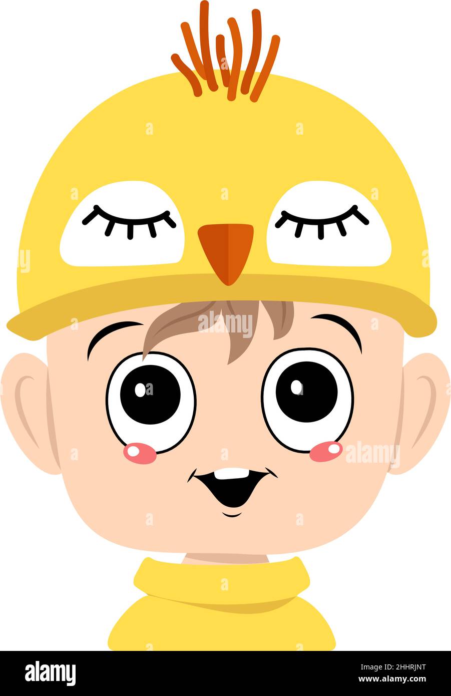 Avatar of boy with big eyes and wide happy smile in cute yellow chicken hat. Head of child with joyful face for holiday Easter, New Year or costume for party. Vector flat illustration Stock Vector