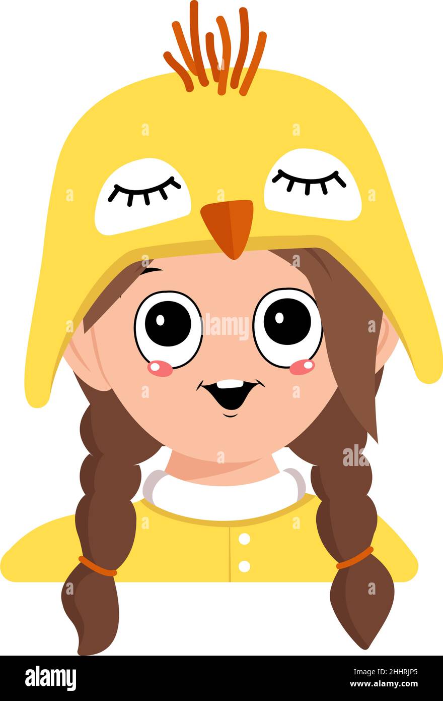 Avatar of girl with big eyes and wide happy smile in cute yellow chicken hat. Head of child with joyful face for holiday Easter, New Year or costume for party. Vector flat illustration Stock Vector