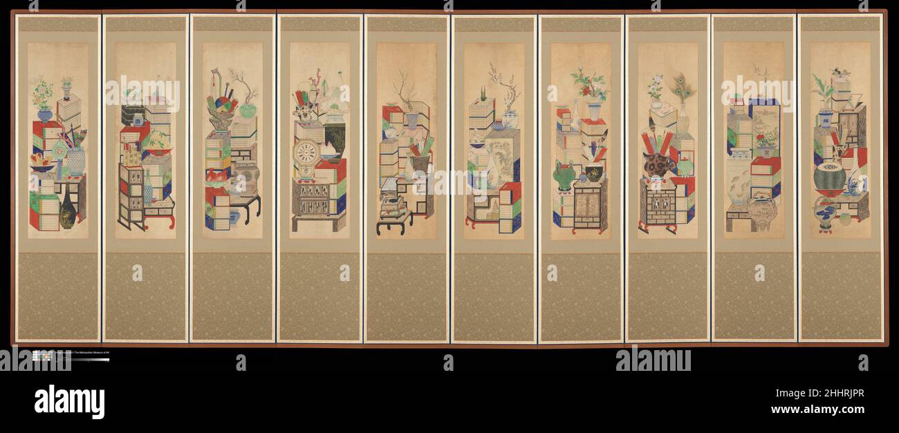 Books and Scholars' Possessions early 20th century Unidentified artist Intended to evoke the interior of a Confucian scholar’s study, this screen belongs to a genre known in Korean as chaekgeori (literally, “books and things”), which originated in the late eighteenth century. Initially, such screens were commissioned for the royal court and were painted with trompe-l’oeil bookcases displaying books, imported luxuries, vessels, and collectibles. In later chaekgeori screens, as seen here, the bookcases were eliminated. Each panel portrays an assemblage of neatly stacked volumes and other objects Stock Photo