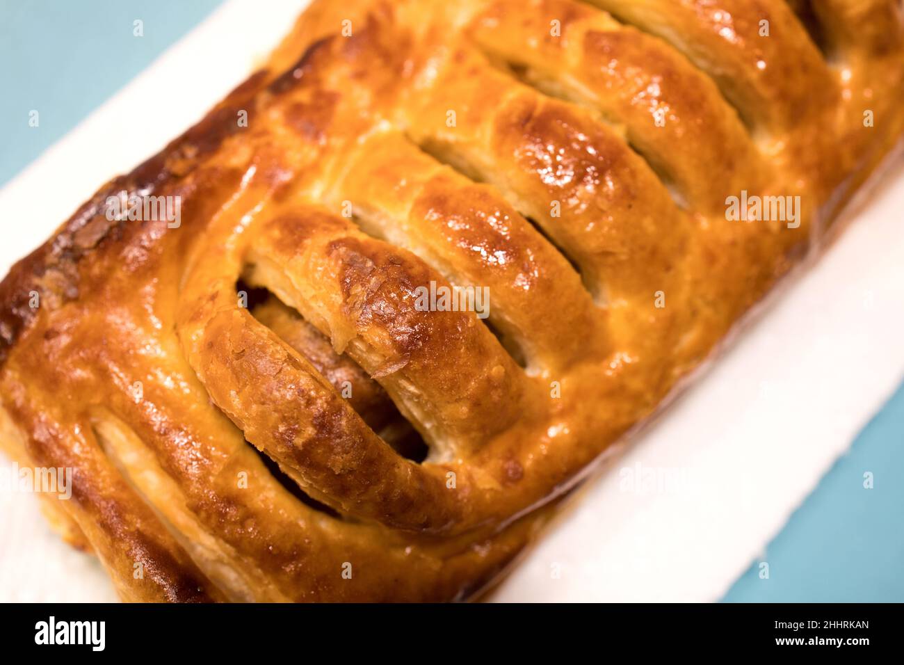 Closeup top view of a home made Dutch frikandelbroodje from