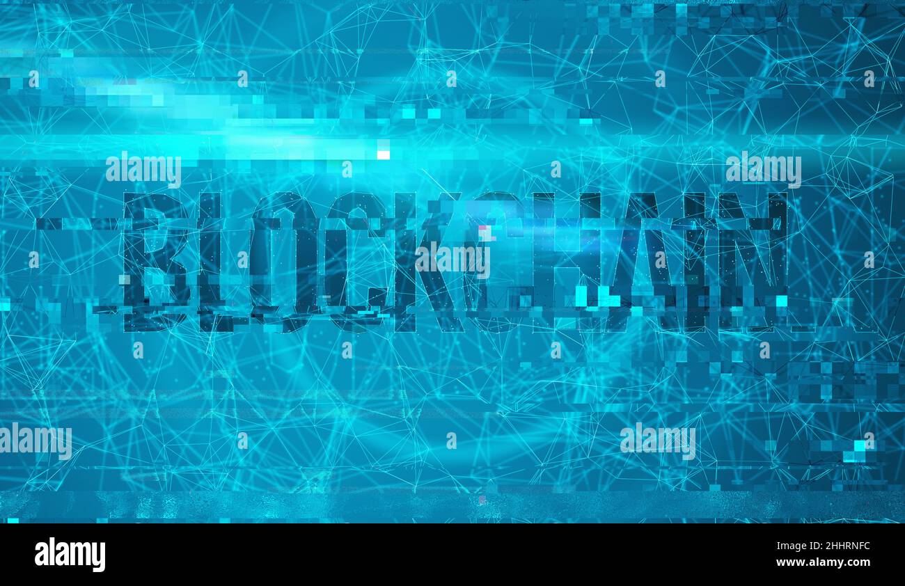 Blockchain technology conceptual illustration with plexus and glitch effect, connected lines and dots Stock Photo