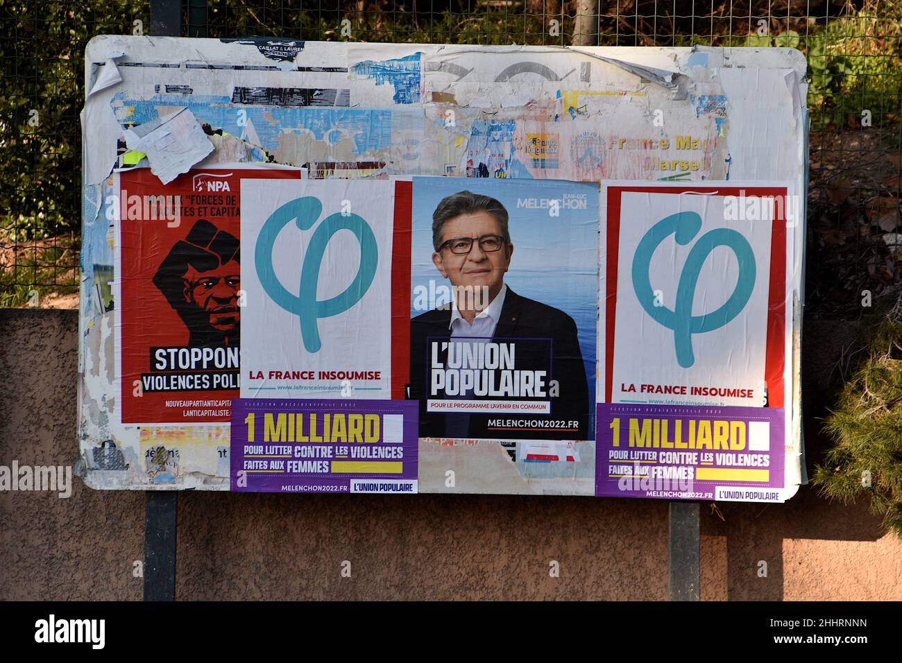 Marseille, France. 25th Jan, 2022. A poster of Jean-Luc Mélenchon is seen on display.Posters campaign of Nathalie Arthaud, Fabien Roussel, Philippe Poutou and Jean-Luc Mélenchon, candidates for the French presidential elections of 2022. Credit: SOPA Images Limited/Alamy Live News Stock Photo