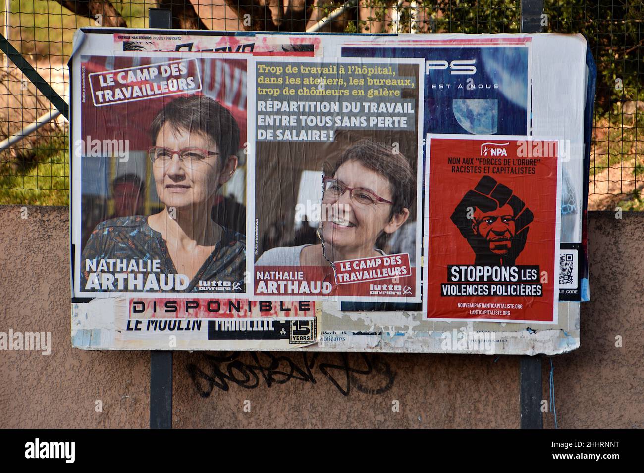 Marseille, France. 25th Jan, 2022. Posters of Nathalie Arthaud are seen on display.Posters campaign of Nathalie Arthaud, Fabien Roussel, Philippe Poutou and Jean-Luc Mélenchon, candidates for the French presidential elections of 2022. Credit: SOPA Images Limited/Alamy Live News Stock Photo