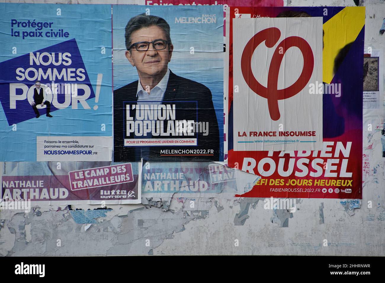 Marseille, France. 25th Jan, 2022. A poster of Jean-Luc Mélenchon is seen on display.Posters campaign of Nathalie Arthaud, Fabien Roussel, Philippe Poutou and Jean-Luc Mélenchon, candidates for the French presidential elections of 2022. Credit: SOPA Images Limited/Alamy Live News Stock Photo