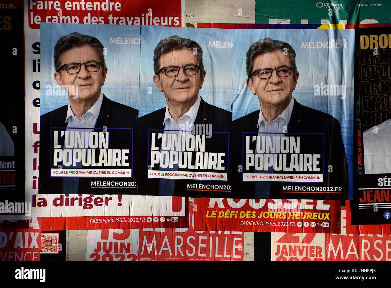 Marseille, France. 25th Jan, 2022. Posters of Jean-Luc Mélenchon are seen on display.Posters campaign of Nathalie Arthaud, Fabien Roussel, Philippe Poutou and Jean-Luc Mélenchon, candidates for the French presidential elections of 2022. (Photo by Gerard Bottino/SOPA Images/Sipa USA) Credit: Sipa USA/Alamy Live News Stock Photo