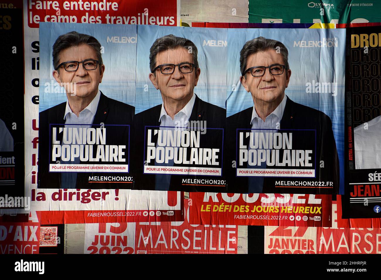 Posters of Jean-Luc Mélenchon are seen on display.Posters campaign of ...