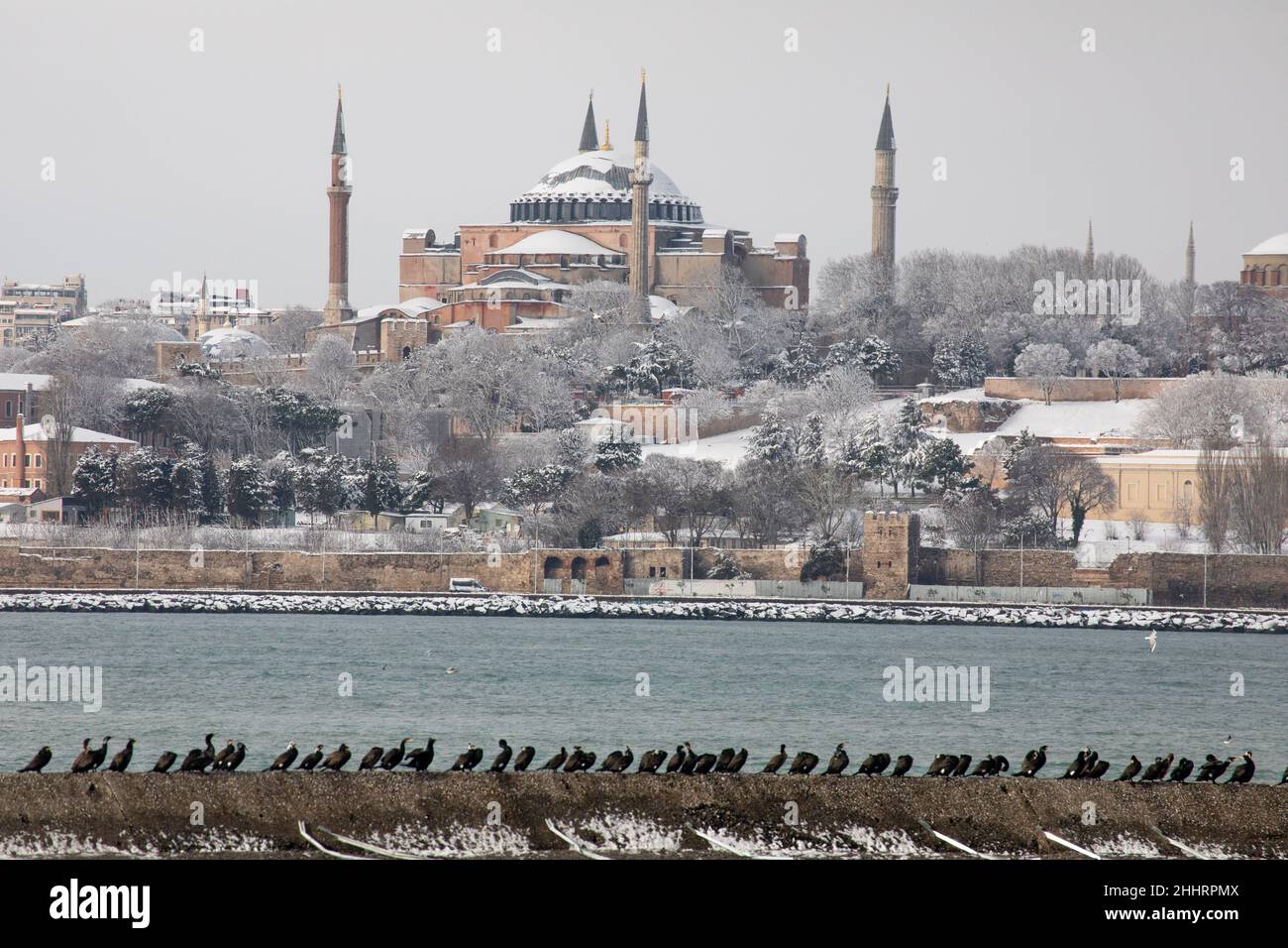 Snow-covered Hagia Sophia Mosque and its surroundings. Stock Photo