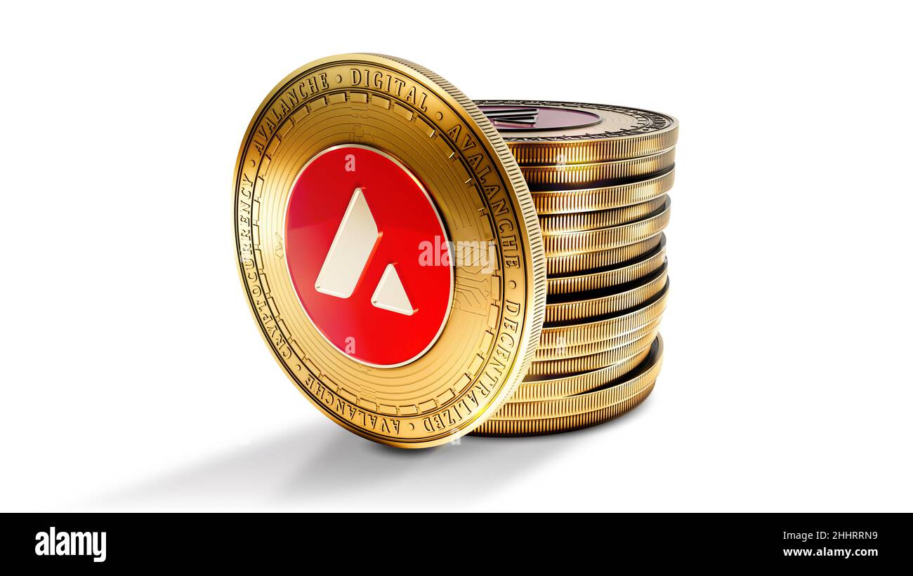 Avalanche with group of coins isolated on the white background. Decentralized digital cryptocurrency symbol. 3D illustration. Stock Photo