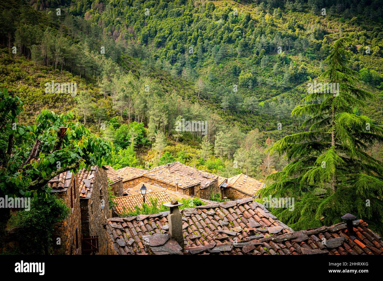 Stone houses on a forested hillside in Cerdeira, Portugal Stock Photo