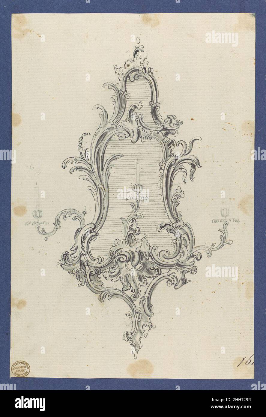 Mirror with Sconces, in Chippendale Drawings, Vol. I ca. 1753–62 Thomas Chippendale British. Mirror with Sconces, in Chippendale Drawings, Vol. I. Thomas Chippendale (British, baptised Otley, West Yorkshire 1718–1779 London). ca. 1753–62. Black ink, gray wash, graphite Stock Photo
