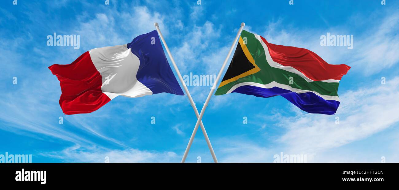 crossed national flags of France and South Africa flag waving in the ...