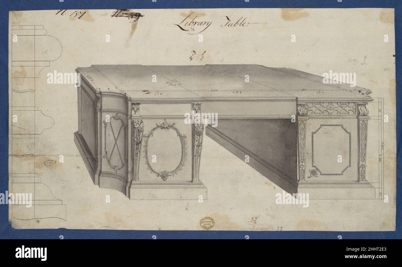 Library Table, from Chippendale Drawings, Vol. II 1753 Thomas Chippendale British. Library Table, from Chippendale Drawings, Vol. II. Thomas Chippendale (British, baptised Otley, West Yorkshire 1718–1779 London). 1753. Black ink, gray wash Stock Photo
