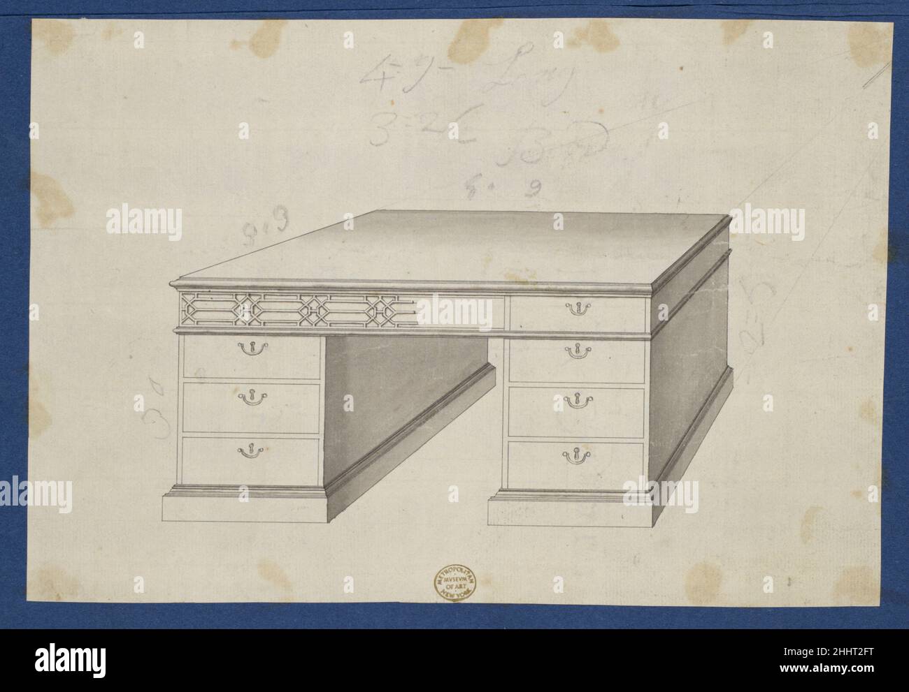Library Table, from Chippendale Drawings, Vol. II ca. 1753–62 Thomas Chippendale British Design for a library table. Not published in Thomas Chippendale's 'Gentleman and Cabinet Maker's Director'.. Library Table, from Chippendale Drawings, Vol. II. Thomas Chippendale (British, baptised Otley, West Yorkshire 1718–1779 London). ca. 1753–62. Black ink, gray wash Stock Photo
