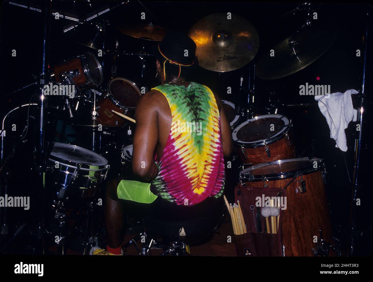 Drummer of the Jamaican Reggae singerJimmy Cliff playing live at the Ventura Theater,Ventura CA Stock Photo