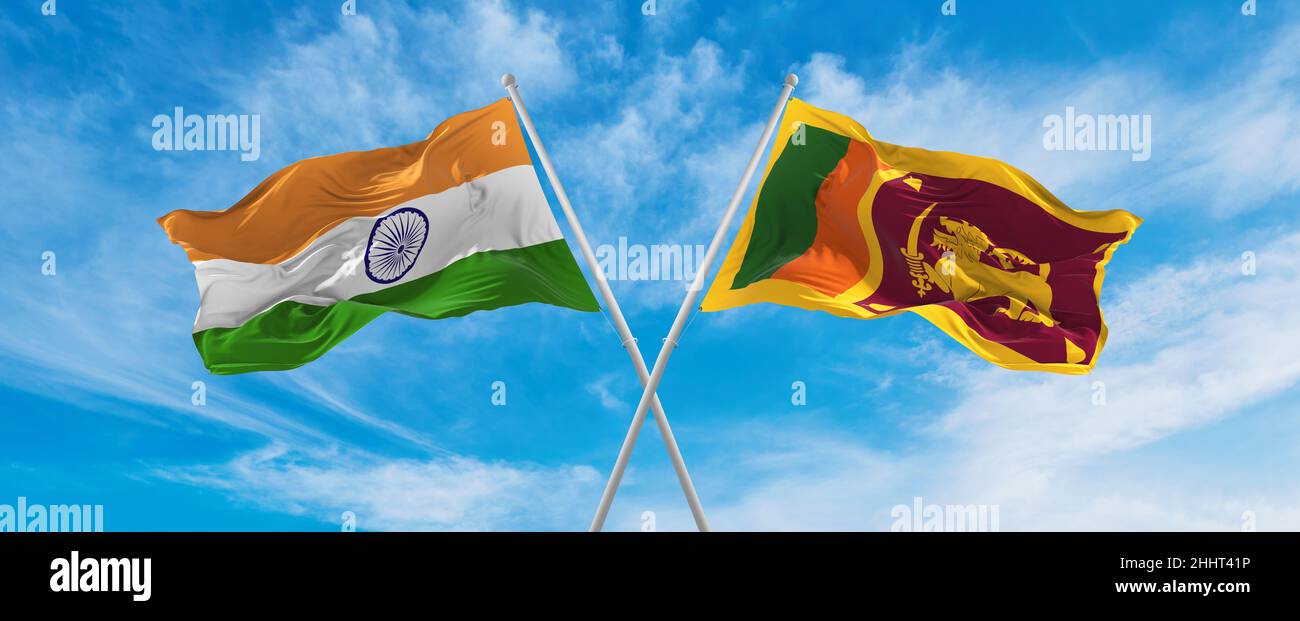 crossed national flags of India and Sri Lanka flag waving in the wind ...