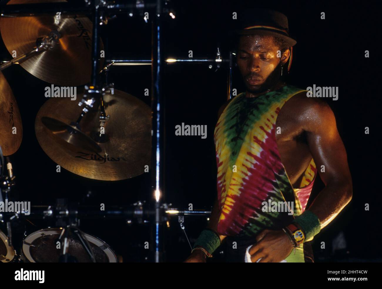 Drummer of the Jamaican Reggae singerJimmy Cliff playing live at the Ventura Theater,Ventura CA Stock Photo