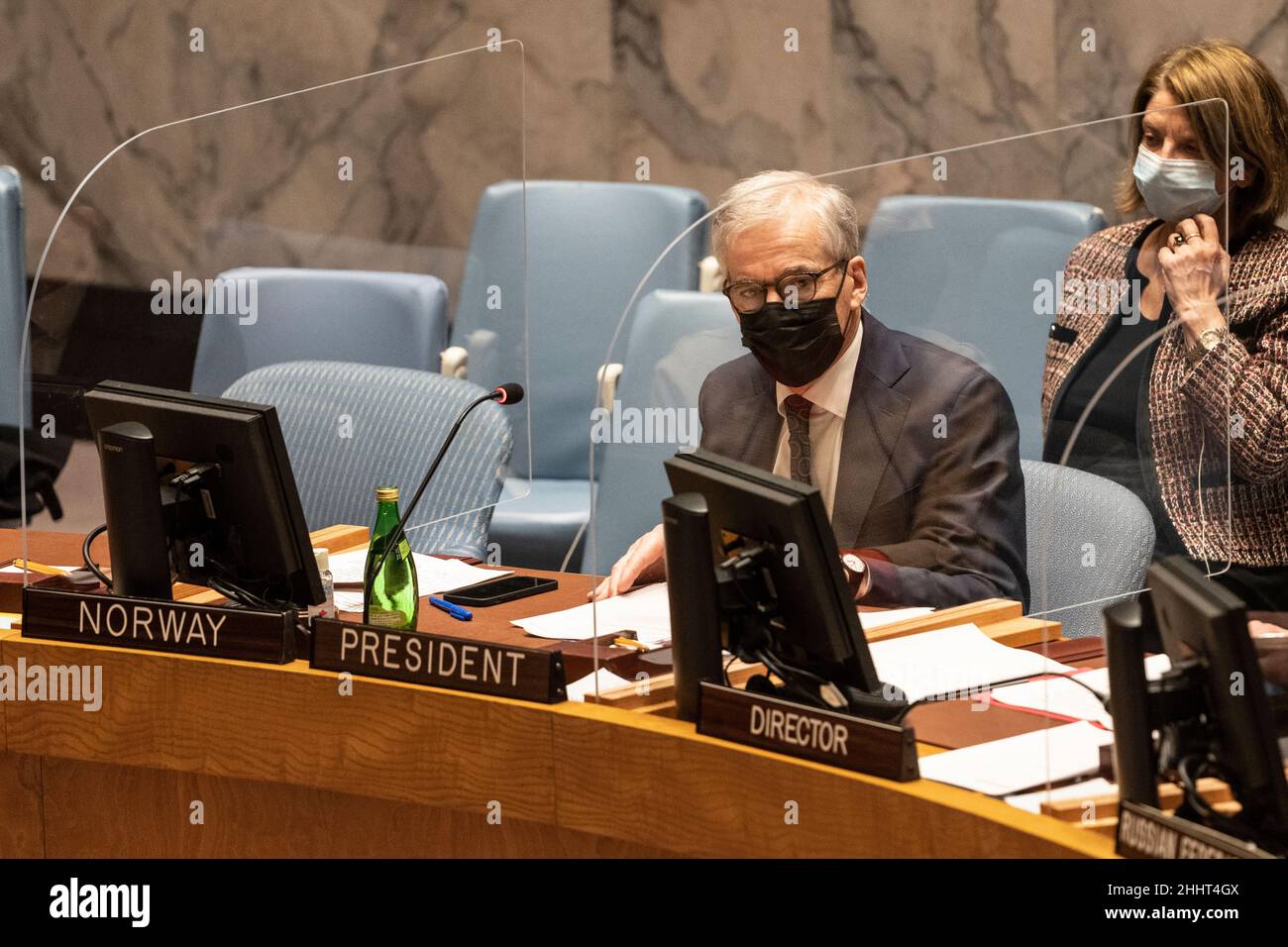 New York, NY - January 25, 2022: Security Council meeting chaired by Jonas Gahr Store Prime Minister of Norway on Protection of civilians in armed conflict at UN Headquarters Stock Photo