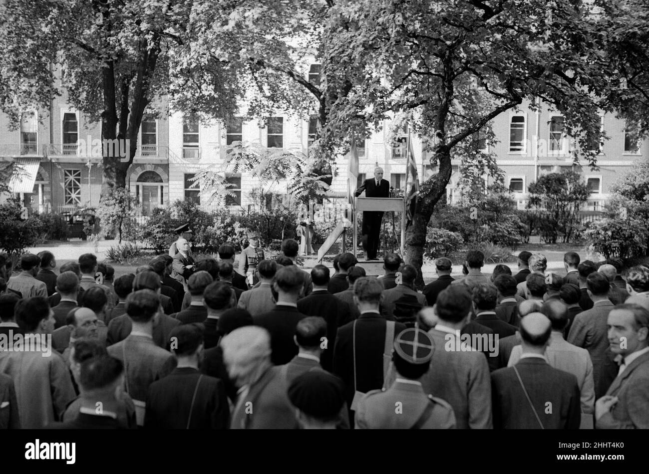 3rd September 1939, Large crowds gathered outside the French Embassy as the zero hour 11am approached which was the time limit of the ultimatum to Germany expire. Prime Minister Neville Chamberlain announced that Great Britian had declared war on Germany following the Nazi invasion of Poland. Our Picture Shows: Charles Corbin, the French ambassador speaking to crowd following Britain's and France's declaration of war. Stock Photo