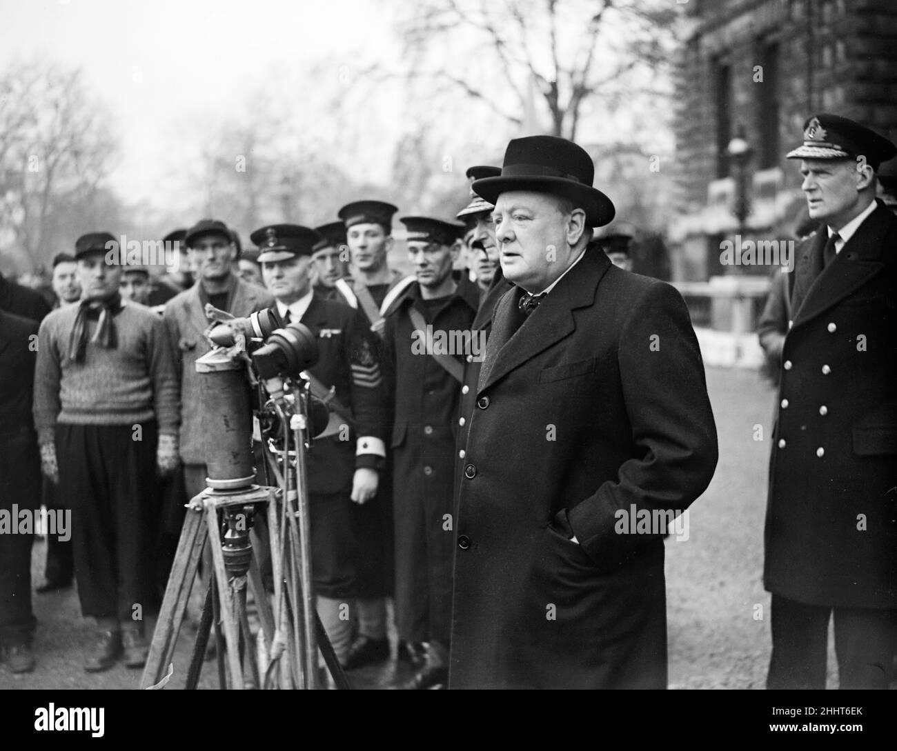 First Lord of the Admiralty Winston Churchill inspecting sailors from HMS Hardy on Horse Guards Parade in Central London during the Second World War.19th April 1940. Stock Photo
