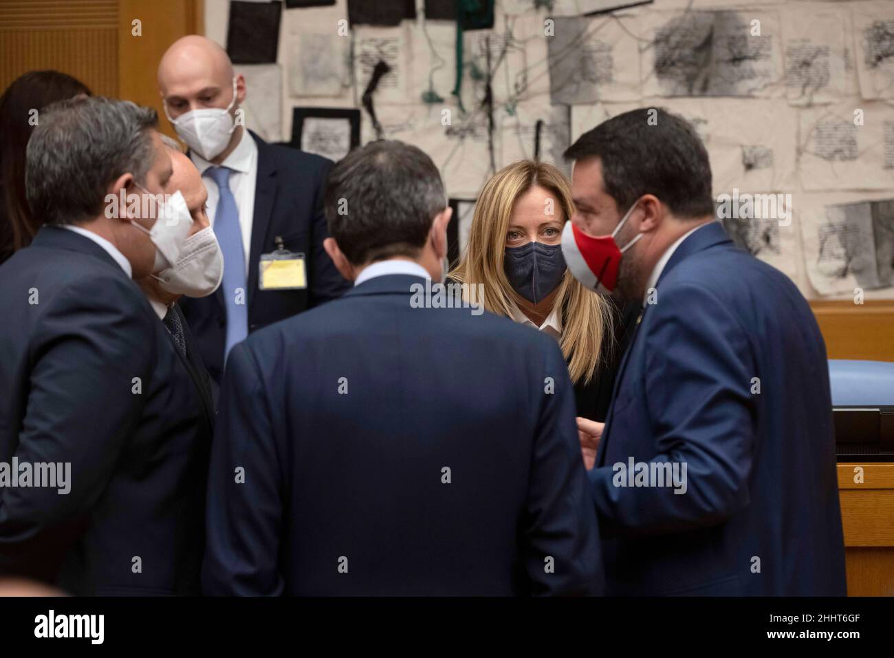 Rome, Italy. 25th Jan, 2022. Lorenzo Cesa, Giovanni Toti, Giorgia Meloni, Matteo Salvini, Maurizio Lupi during the press conference of the center-right coalition about the Election of the President of the Republic. Rome (Italy), January 25th 2022Photo Pool Augusto Casasoli Insidefoto Credit: insidefoto srl/Alamy Live News Stock Photo