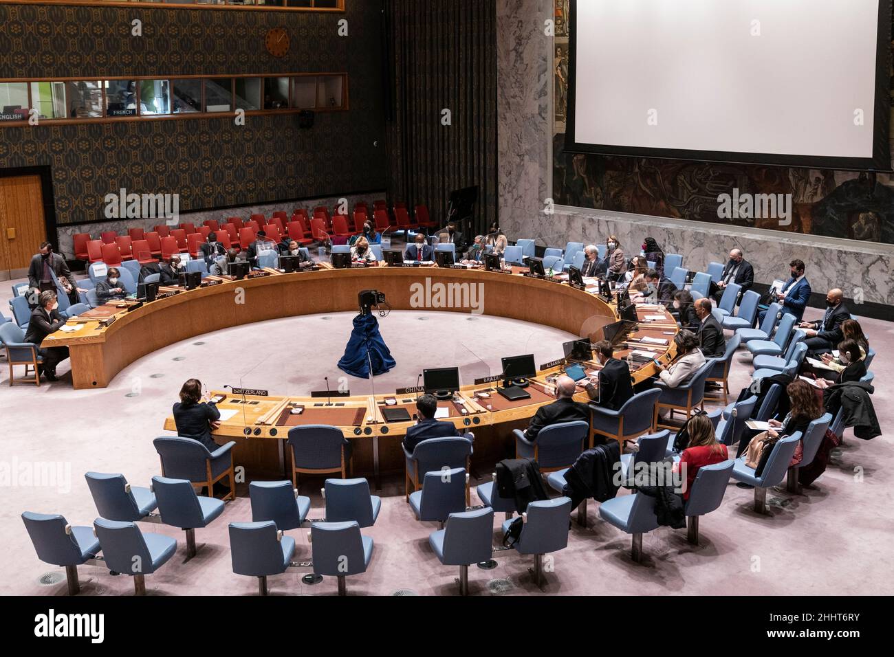 New York, NY - January 25, 2022: Security Council meeting chaired by Jonas Gahr Store Prime Minister of Norway on Protection of civilians in armed conflict at UN Headquarters Stock Photo