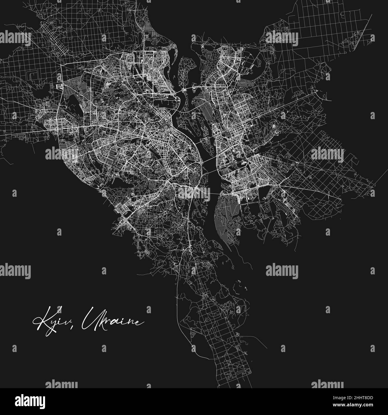 Kyiv Kiev black and white city map. Vector illustration, Kyiv Kiev map grayscale art poster. Street map image with roads, metropolitan city area view. Stock Vector
