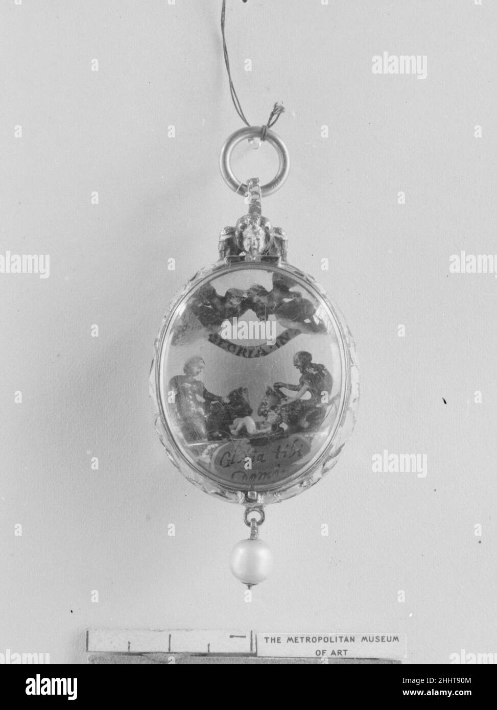 Pendant 16th century German. Pendant. German. 16th century. Rock crystal, enameled gold, pearl Stock Photo