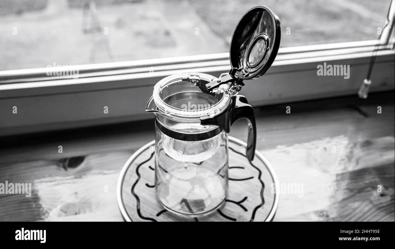 Plasticglass teapot with button and tea brewing flask with open lid