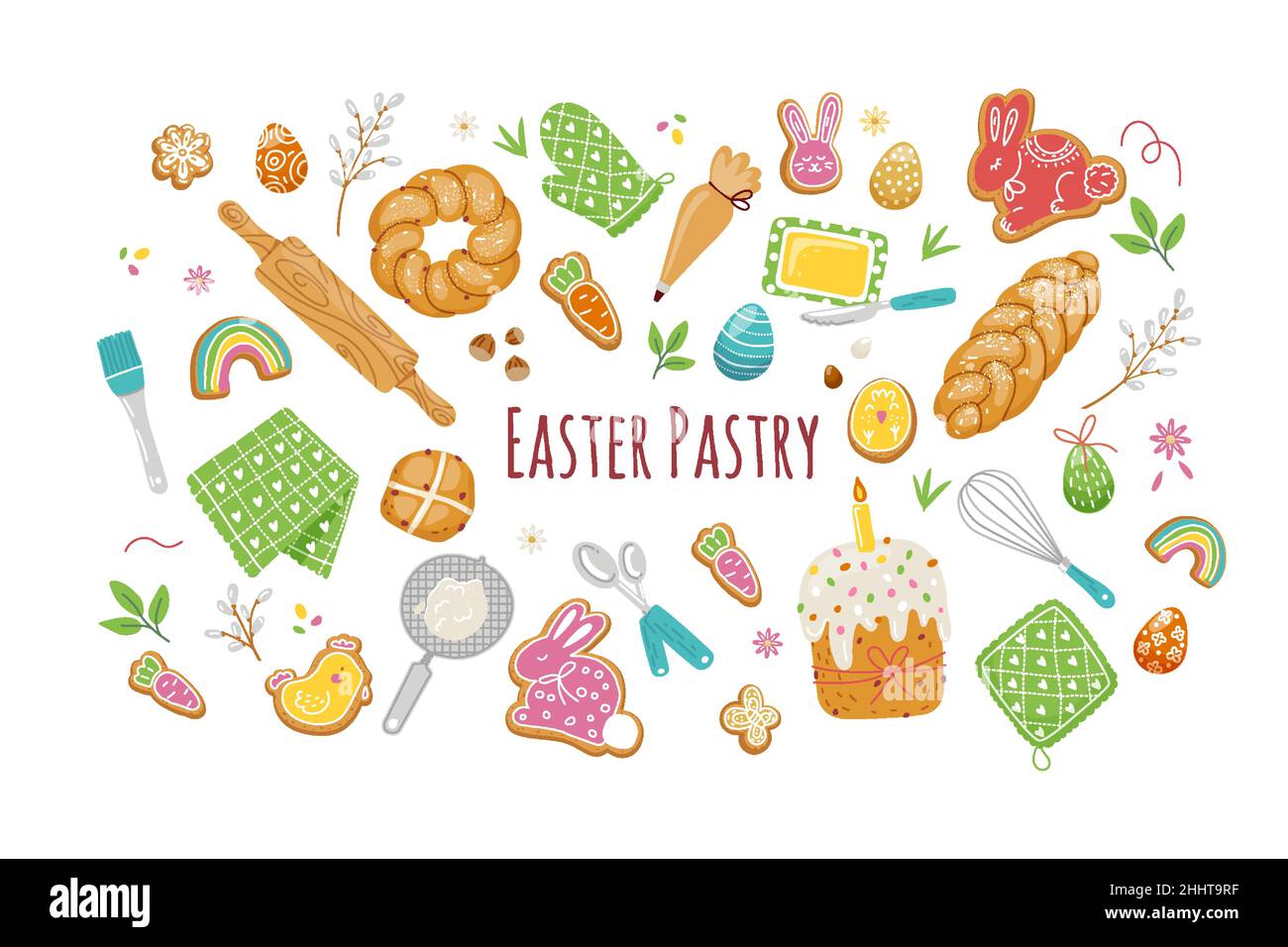 Set of easter pastry elements,traditional backing on spring holiday.vector flat Stock Vector