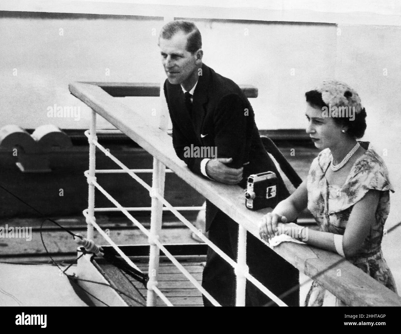 Queen Elizabeth II and her husband Prince Philip, Duke of Edinburgh,  on the bridge of the liner Gothic as it arrves at the Miraflores Locks in the Panama Canal during the Royal Tour of the Commonwealth.30th November 1953. Stock Photo
