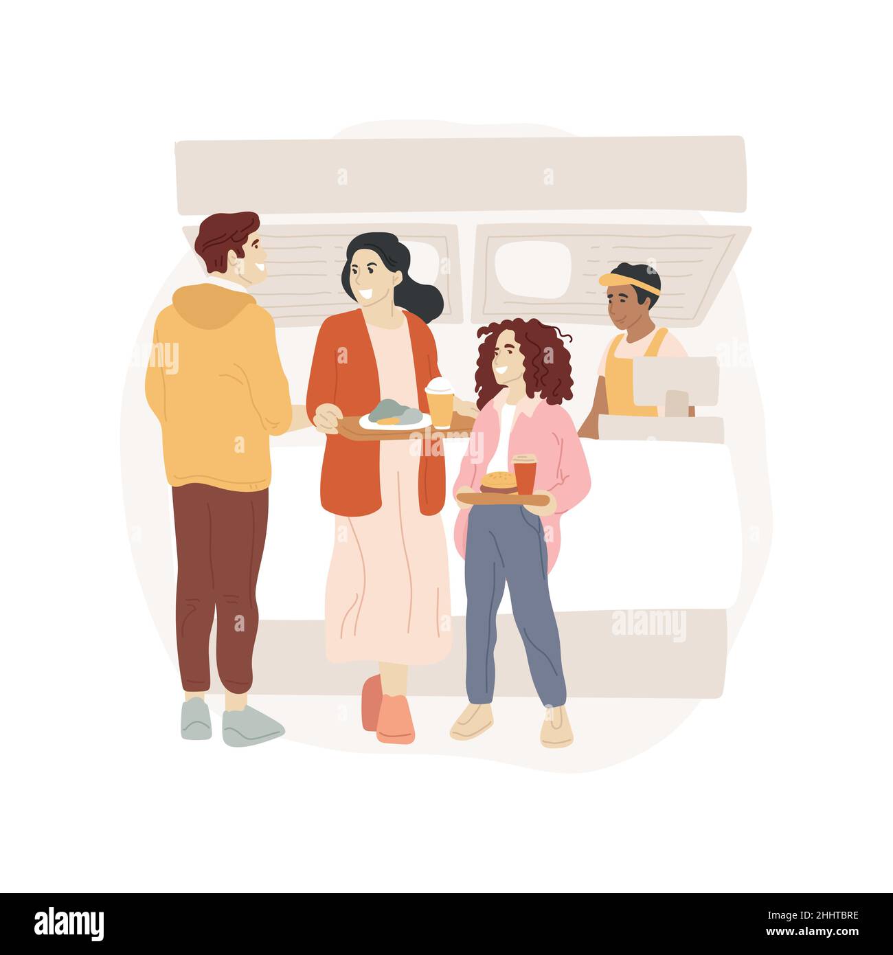 Food court lineup isolated cartoon vector illustration. People waiting in  line with trays, shopping mall food court, lunchtime, family spending  weekend in commercial center cartoon vector Stock Vector Image & Art -