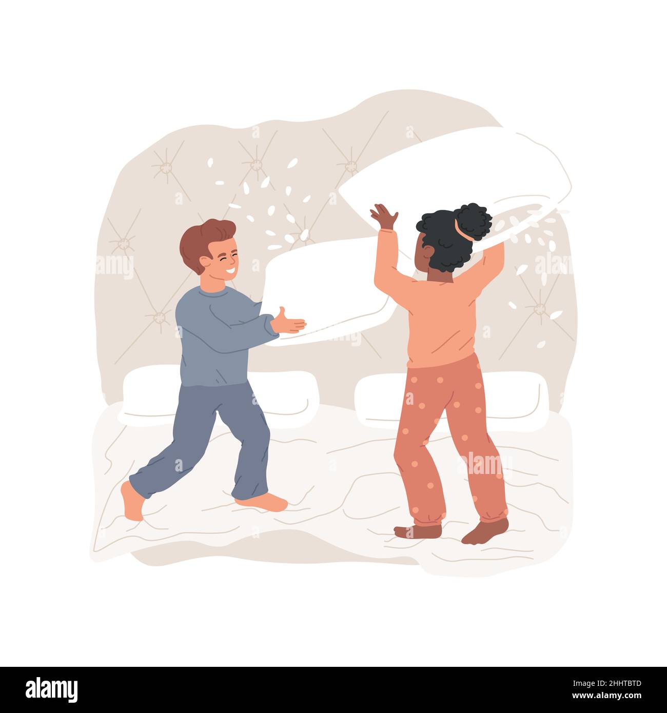 Pillow fight isolated cartoon vector illustration. Kids jumping and fighting with pillows in bedroom, parents and children laughing together, having fight for fun, staying home cartoon vector. Stock Vector