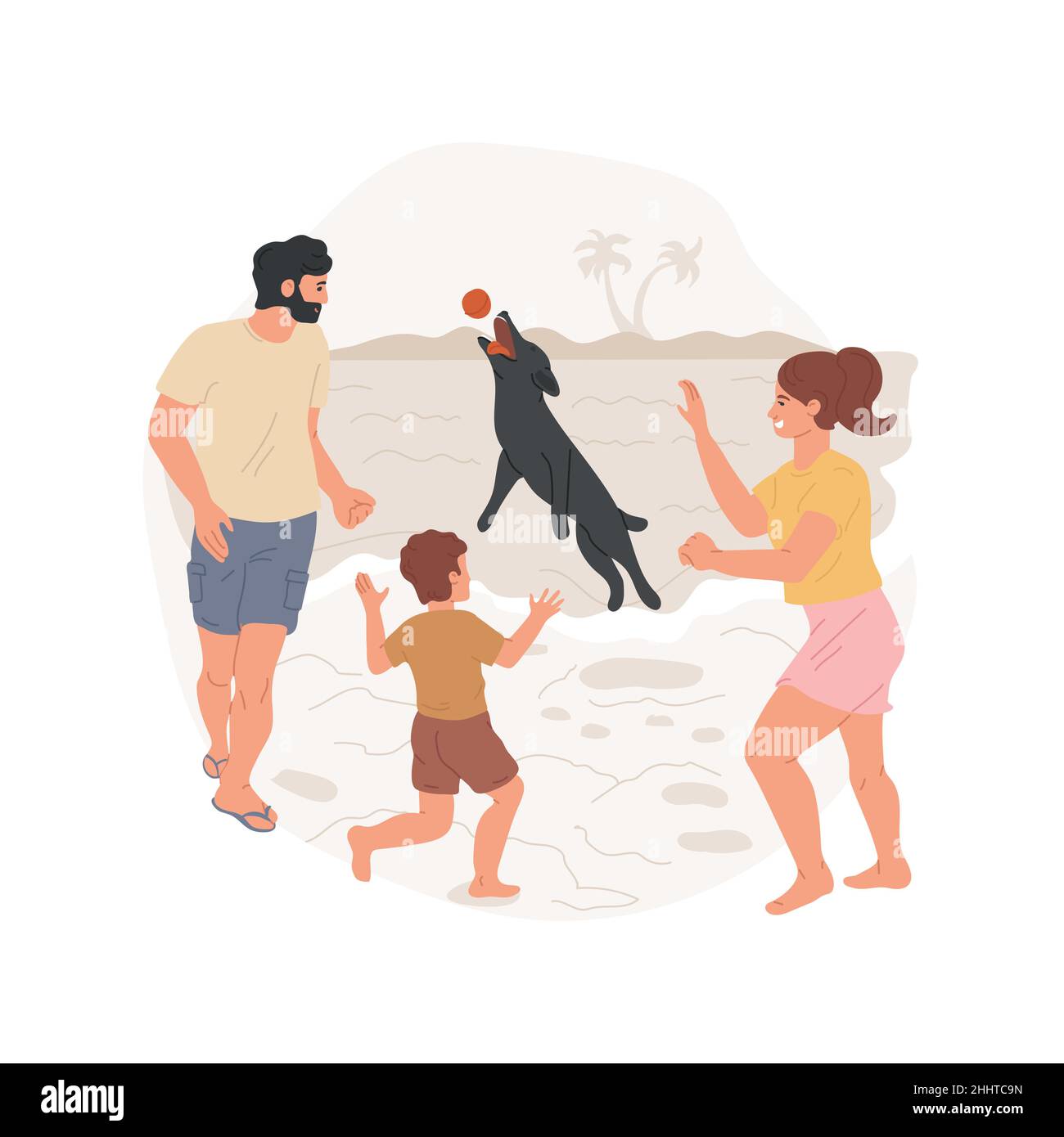 Dog fun isolated cartoon vector illustration. Family playing with pet at seaside, dog jumping in waves with a toy ball, splashing and having fun, walk at the beach, leisure time cartoon vector. Stock Vector