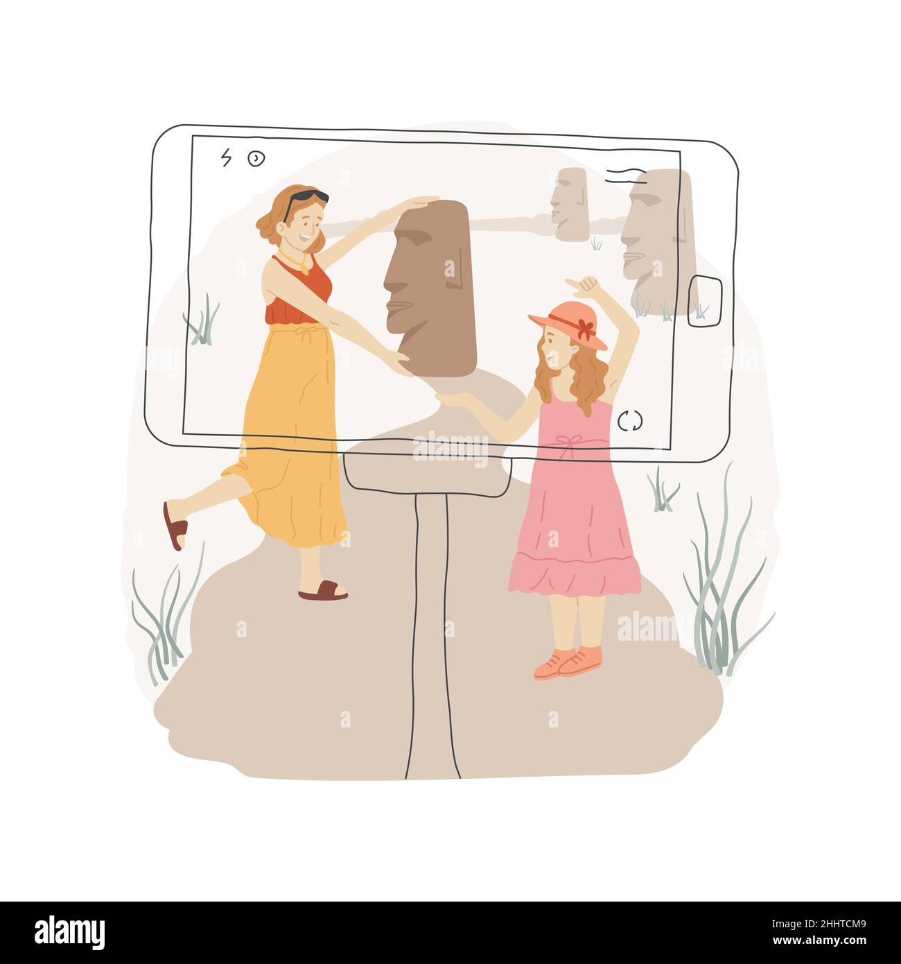 Optical illusion photo isolated cartoon vector illustration. Funny optical illusion picture, taking forced perspective photo, kid holding big statue on a palm, family having fun cartoon vector. Stock Vector